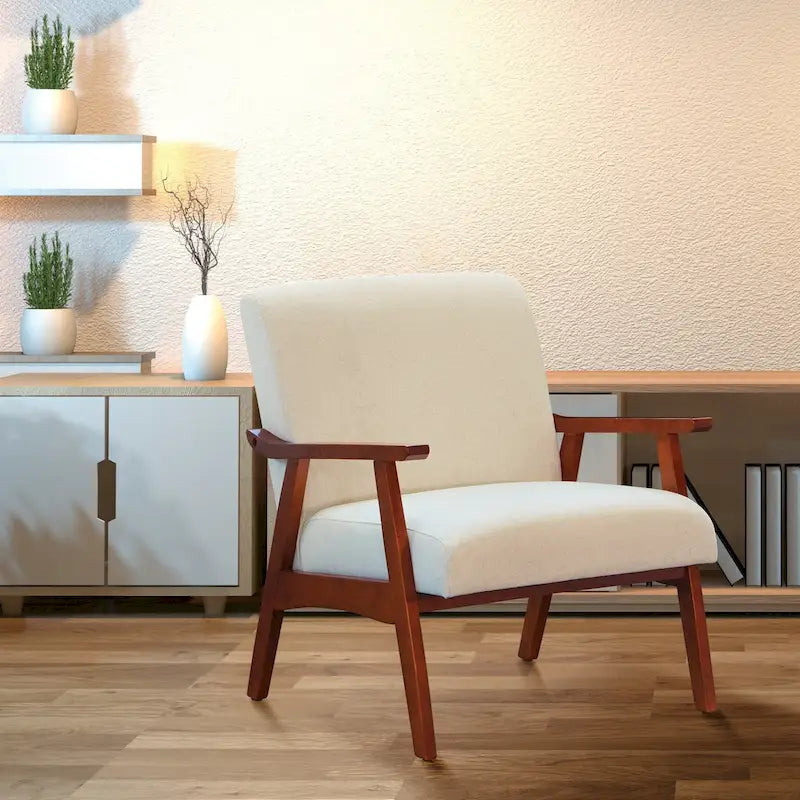 Fauteuil moderne du milieu du siècle avec pieds inclinés et accoudoirs en bois – Loutre / Azur / Mer / Anthracite / Lin – 1 place