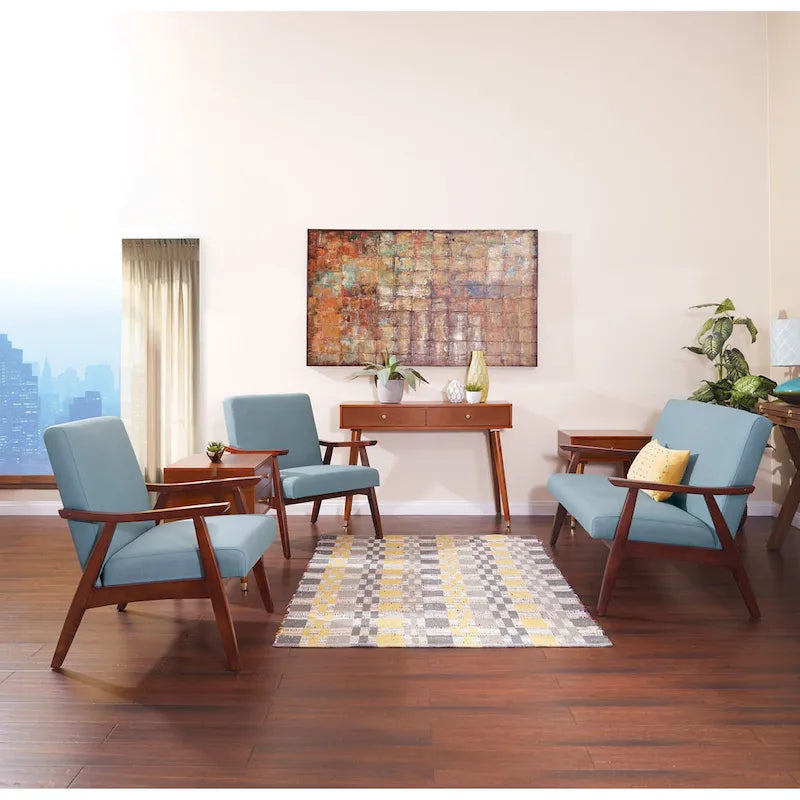 Fauteuil moderne du milieu du siècle avec pieds inclinés et accoudoirs en bois – Loutre / Azur / Mer / Anthracite / Lin – 1 place