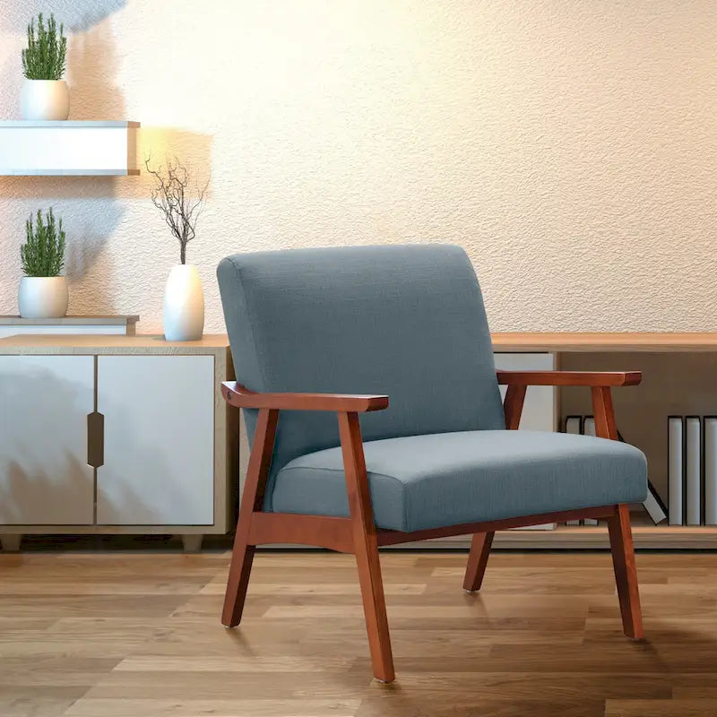 Fauteuil moderne du milieu du siècle avec pieds inclinés et accoudoirs en bois – Loutre / Azur / Mer / Anthracite / Lin – 1 place