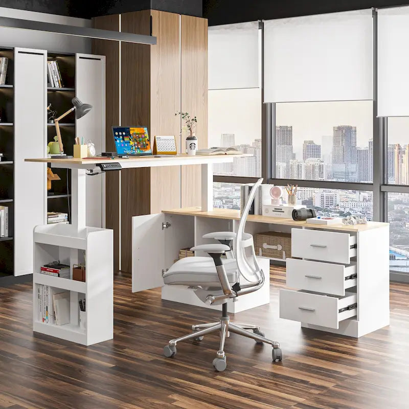 Bureau réglable en hauteur avec armoire et tiroirs intégrés – Blanc/Bois / Noir/Bois – 1 personne