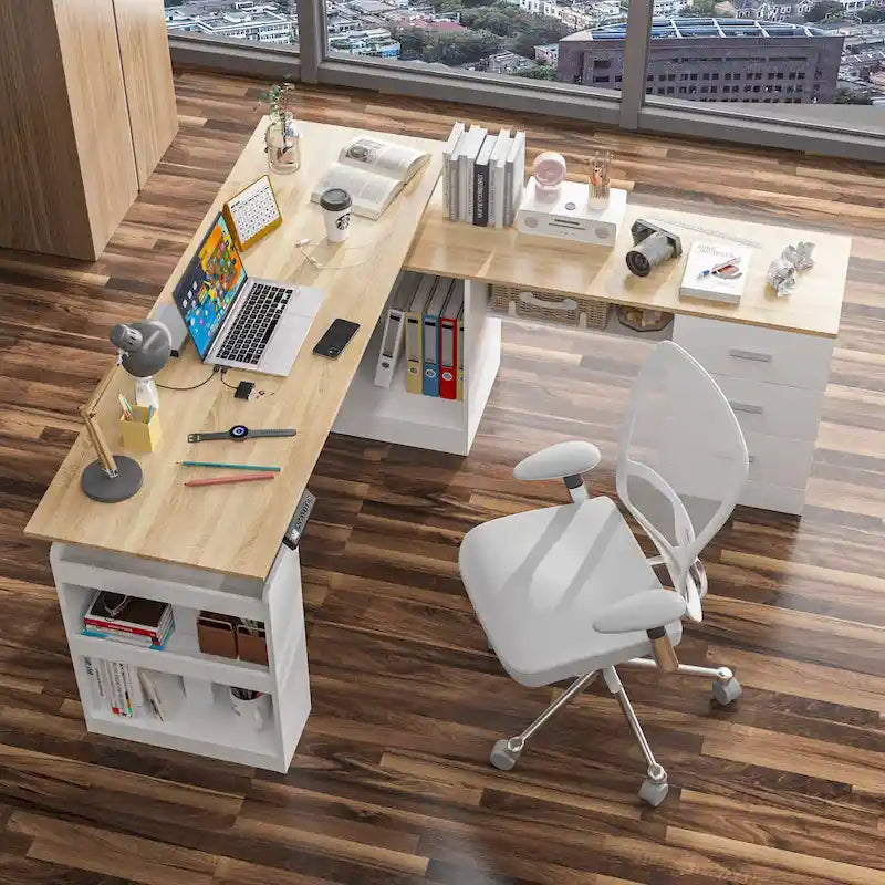 Bureau réglable en hauteur avec armoire et tiroirs intégrés – Blanc/Bois / Noir/Bois – 1 personne