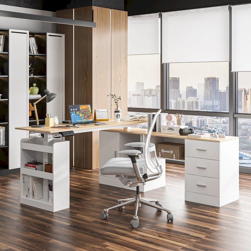 Bureau réglable en hauteur avec armoire et tiroirs intégrés – Blanc/Bois / Noir/Bois – 1 personne
