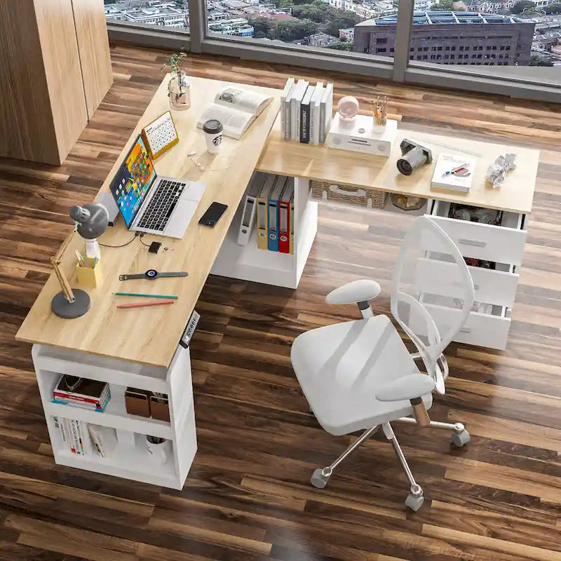 Bureau réglable en hauteur avec armoire et tiroirs intégrés – Blanc/Bois / Noir/Bois – 1 personne