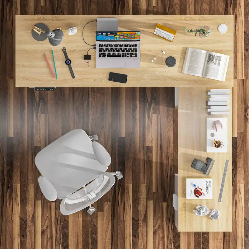 Bureau réglable en hauteur avec armoire et tiroirs intégrés – Blanc/Bois / Noir/Bois – 1 personne