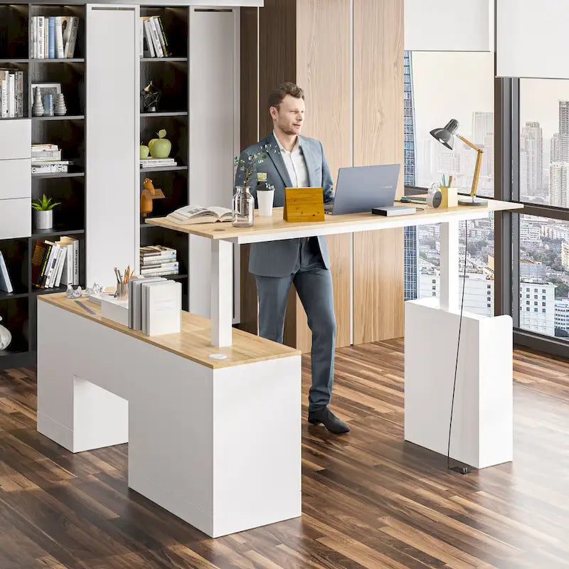 Bureau réglable en hauteur avec armoire et tiroirs intégrés – Blanc/Bois / Noir/Bois – 1 personne
