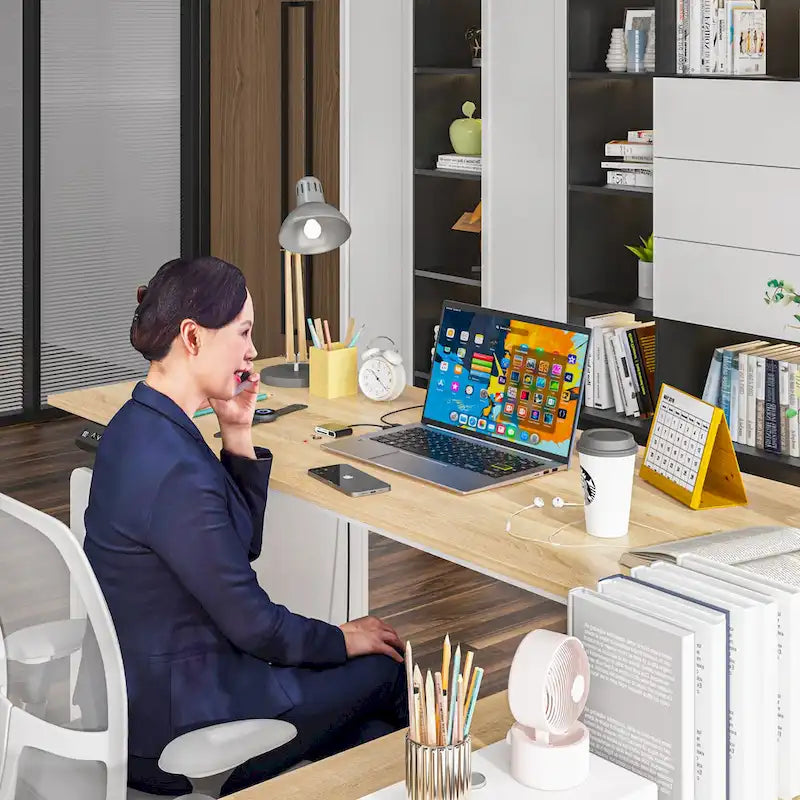 Bureau réglable en hauteur avec armoire et tiroirs intégrés – Blanc/Bois / Noir/Bois – 1 personne