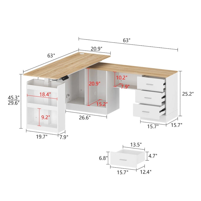 Bureau réglable en hauteur avec armoire et tiroirs intégrés – Blanc/Bois / Noir/Bois – 1 personne