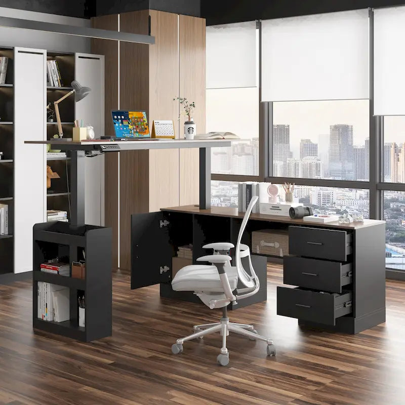Bureau réglable en hauteur avec armoire et tiroirs intégrés – Blanc/Bois / Noir/Bois – 1 personne