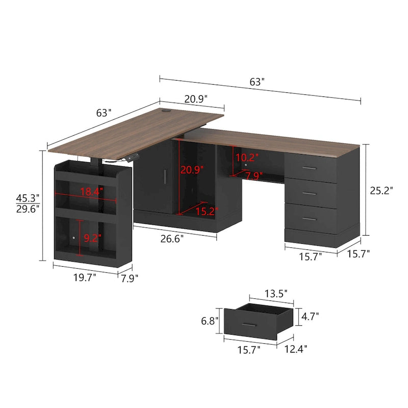 Bureau réglable en hauteur avec armoire et tiroirs intégrés – Blanc/Bois / Noir/Bois – 1 personne