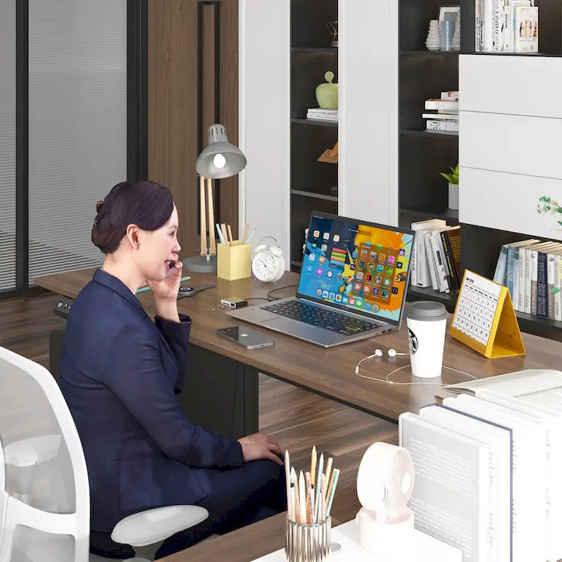 Bureau réglable en hauteur avec armoire et tiroirs intégrés – Blanc/Bois / Noir/Bois – 1 personne