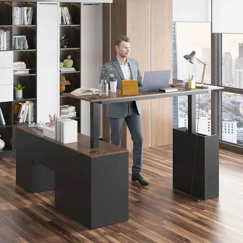 Bureau réglable en hauteur avec armoire et tiroirs intégrés – Blanc/Bois / Noir/Bois – 1 personne