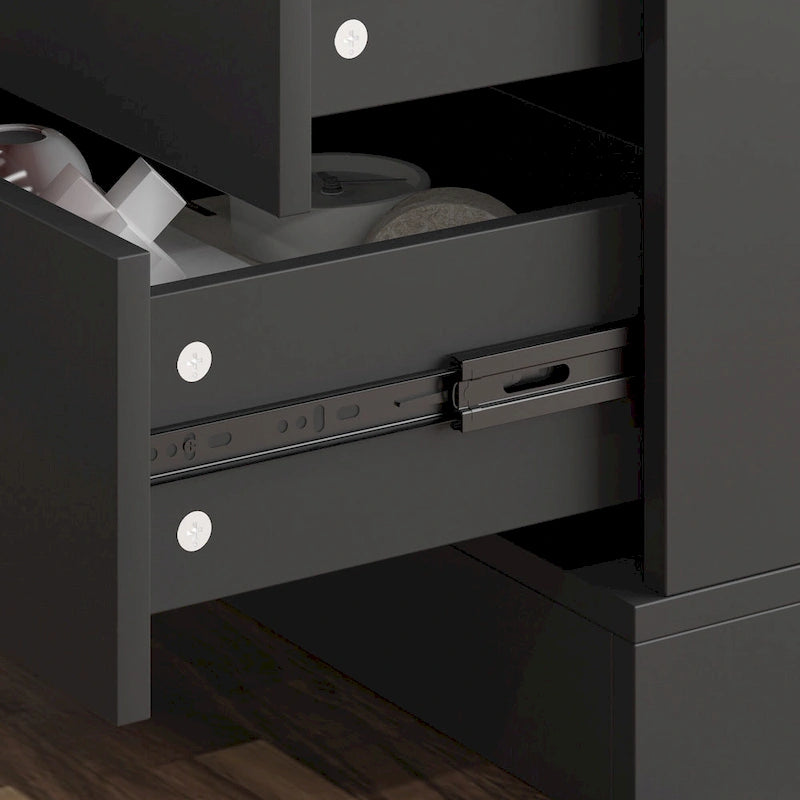 Bureau réglable en hauteur avec armoire et tiroirs intégrés – Blanc/Bois / Noir/Bois – 1 personne
