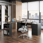 Bureau réglable en hauteur avec armoire et tiroirs intégrés – Blanc/Bois / Noir/Bois – 1 personne