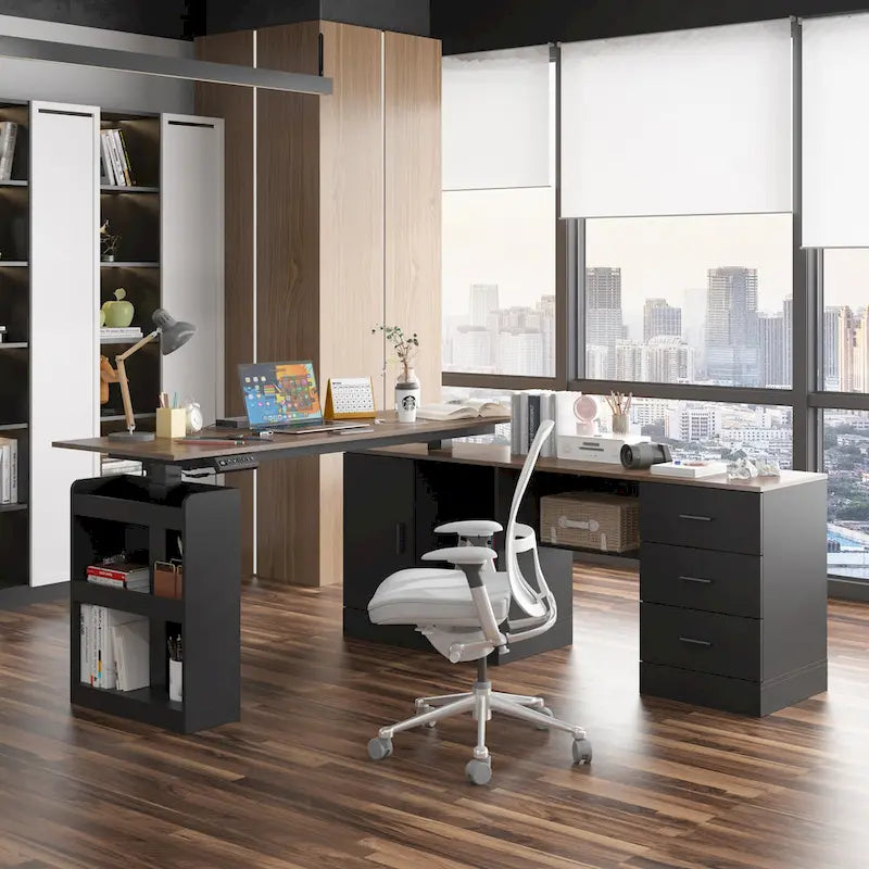 Bureau réglable en hauteur avec armoire et tiroirs intégrés – Blanc/Bois / Noir/Bois – 1 personne