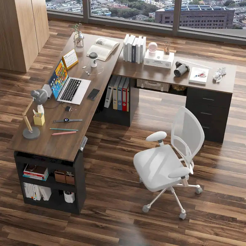 Bureau réglable en hauteur avec armoire et tiroirs intégrés – Blanc/Bois / Noir/Bois – 1 personne