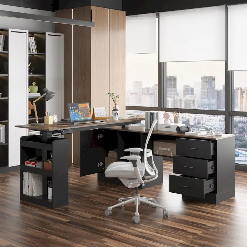 Bureau réglable en hauteur avec armoire et tiroirs intégrés – Blanc/Bois / Noir/Bois – 1 personne
