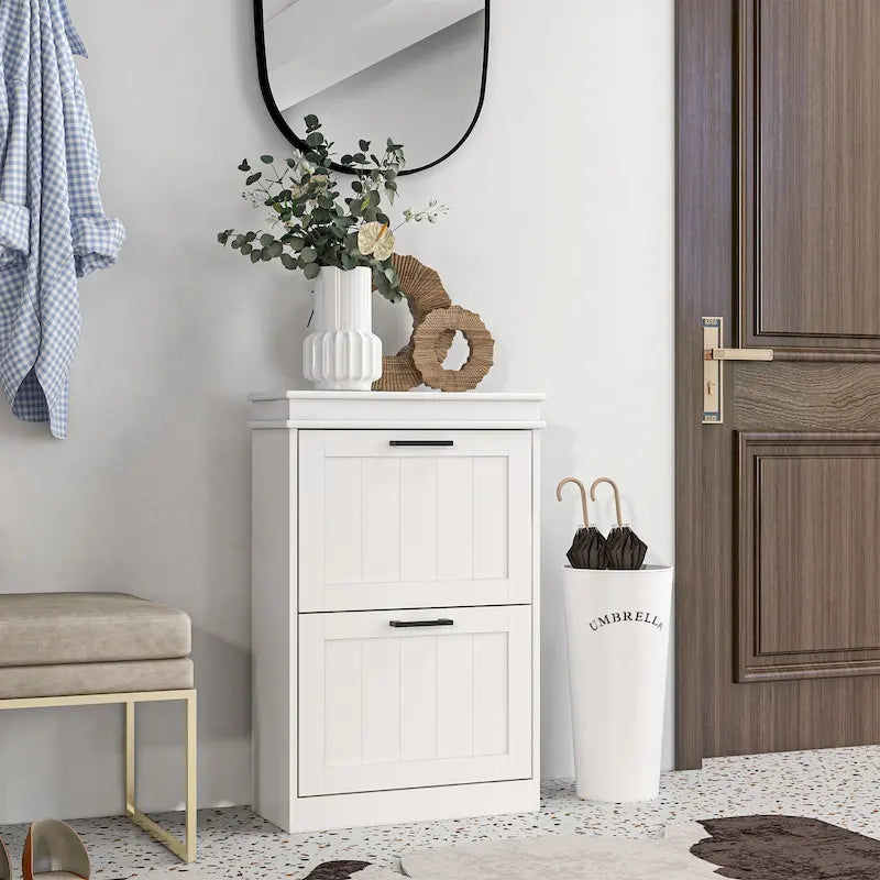Narrow Entryway Shoe Cabinet with 2 Flip Drawers & Adjustable Shelves – White / Black
