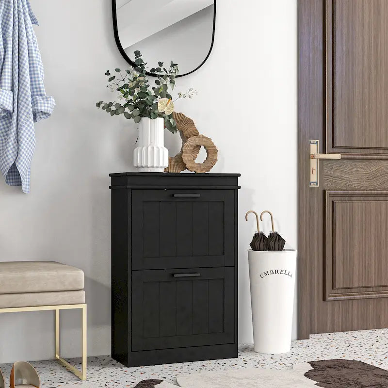 Narrow Entryway Shoe Cabinet with 2 Flip Drawers & Adjustable Shelves – White / Black