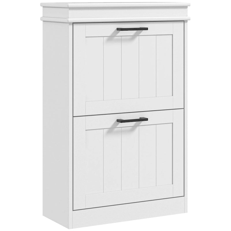 Narrow Entryway Shoe Cabinet with 2 Flip Drawers & Adjustable Shelves – White / Black
