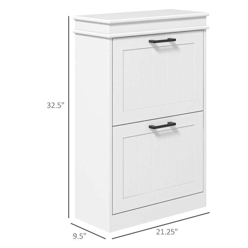 Narrow Entryway Shoe Cabinet with 2 Flip Drawers & Adjustable Shelves – White / Black