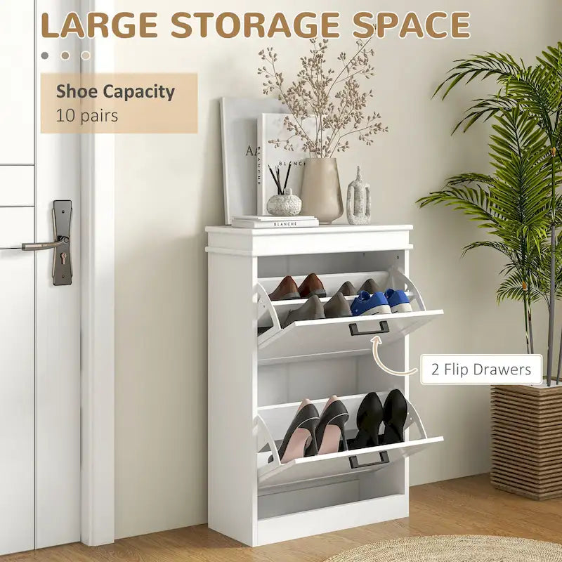Narrow Entryway Shoe Cabinet with 2 Flip Drawers & Adjustable Shelves – White / Black