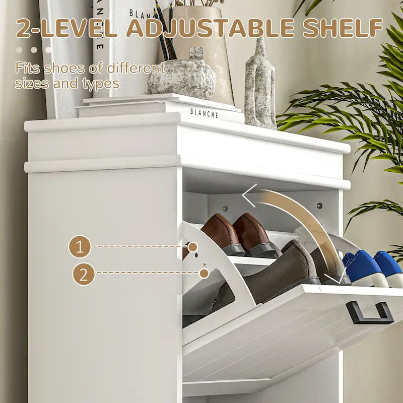 Narrow Entryway Shoe Cabinet with 2 Flip Drawers & Adjustable Shelves – White / Black