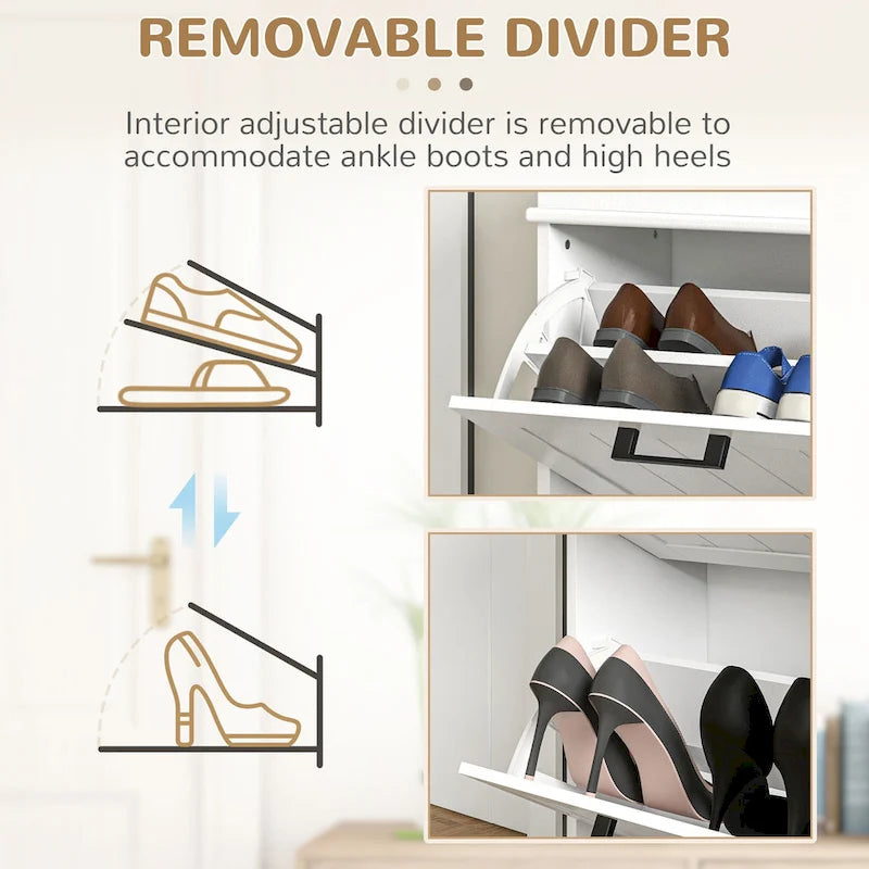 Meuble à chaussures étroit avec 2 tiroirs abattants et étagères réglables – Blanc / Noir