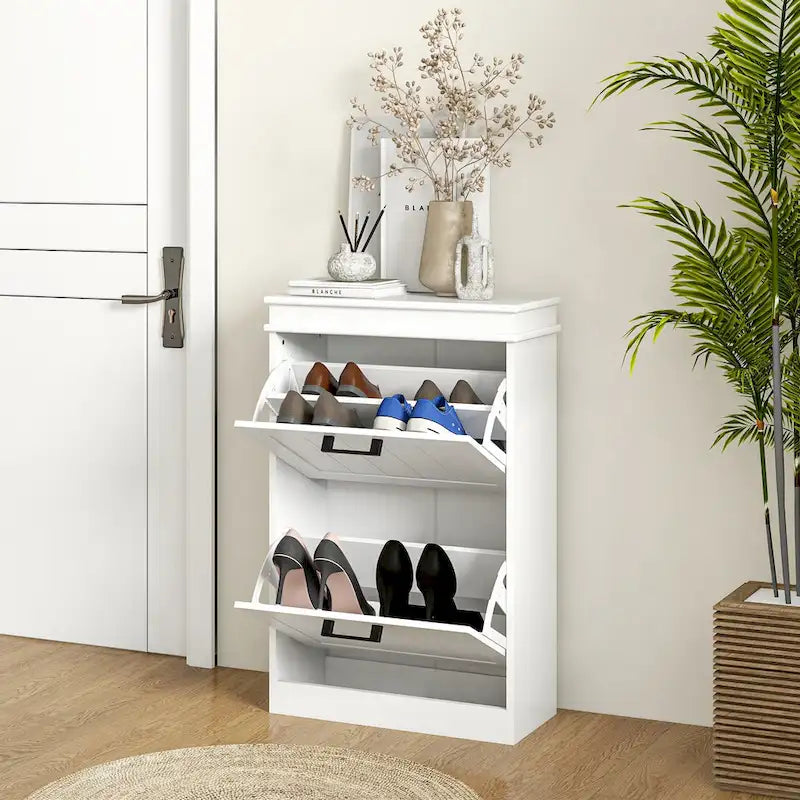 Meuble à chaussures étroit avec 2 tiroirs abattants et étagères réglables – Blanc / Noir