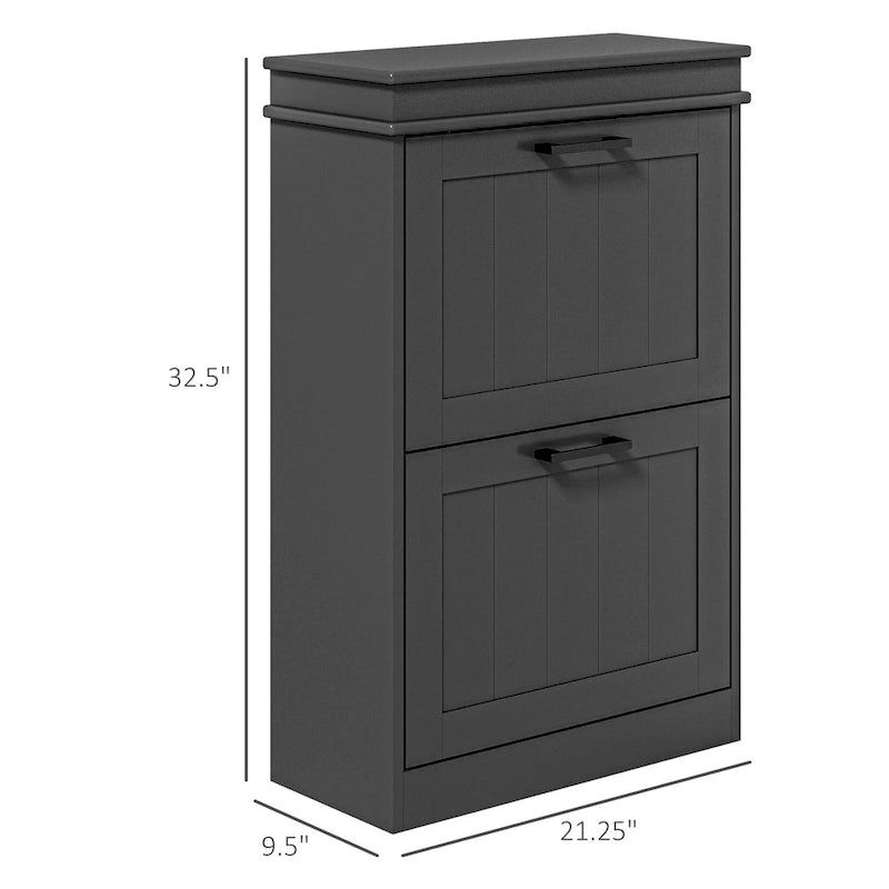 Meuble à chaussures étroit avec 2 tiroirs abattants et étagères réglables – Blanc / Noir