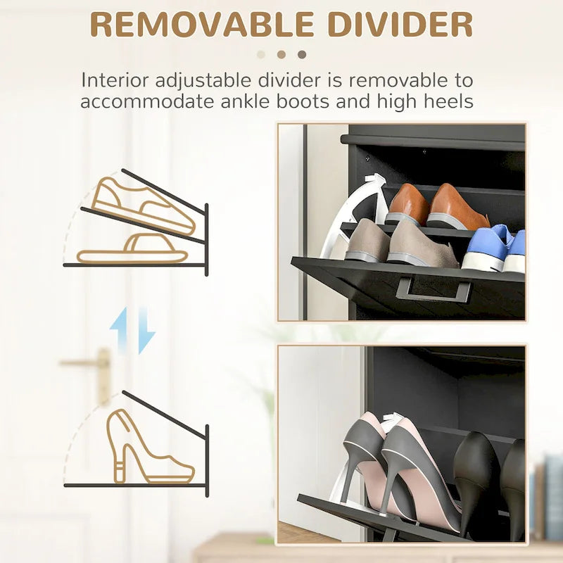 Meuble à chaussures étroit avec 2 tiroirs abattants et étagères réglables – Blanc / Noir