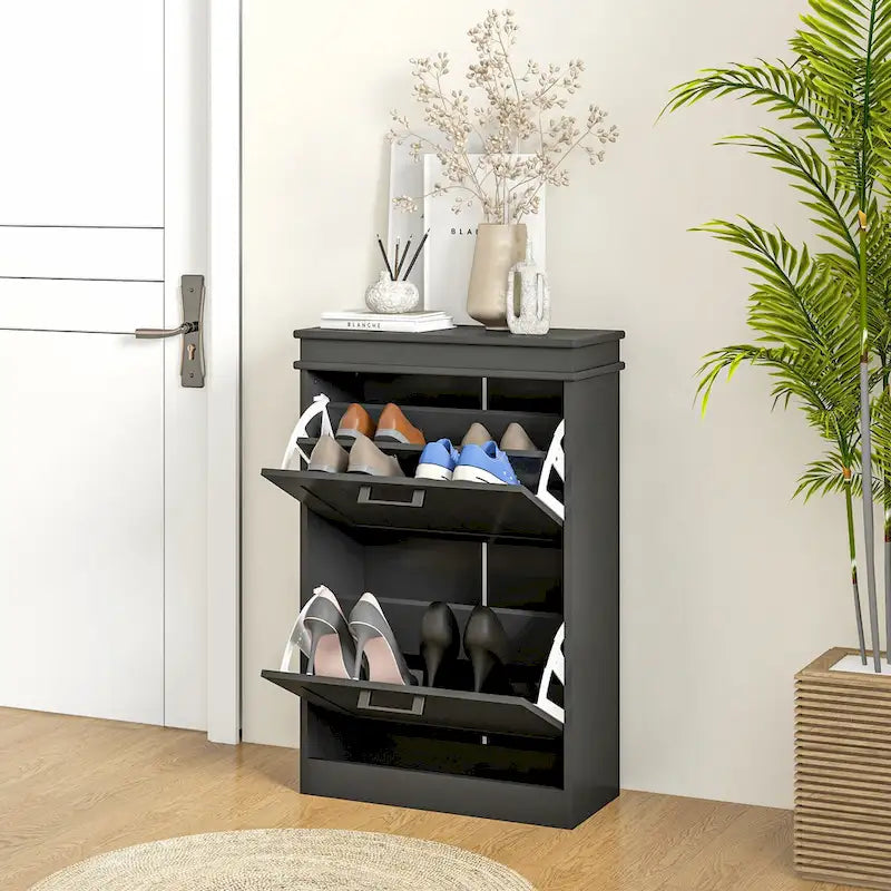 Meuble à chaussures étroit avec 2 tiroirs abattants et étagères réglables – Blanc / Noir