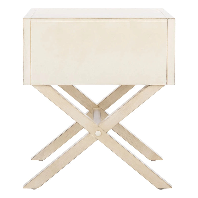 Campaign Style 1-Drawer Nightstand with Cross Base & Gold Pull – Turquoise / Antique White / Navy / Grey