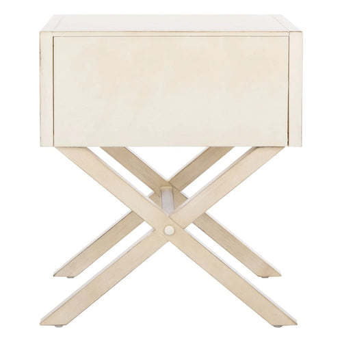 Table de chevet 1 tiroir style campagne avec base en croix et poignée dorée – Turquoise / Blanc antique / Marine / Gris