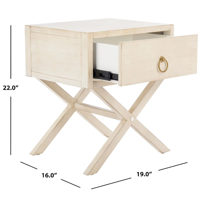 Campaign Style 1-Drawer Nightstand with Cross Base & Gold Pull – Turquoise / Antique White / Navy / Grey