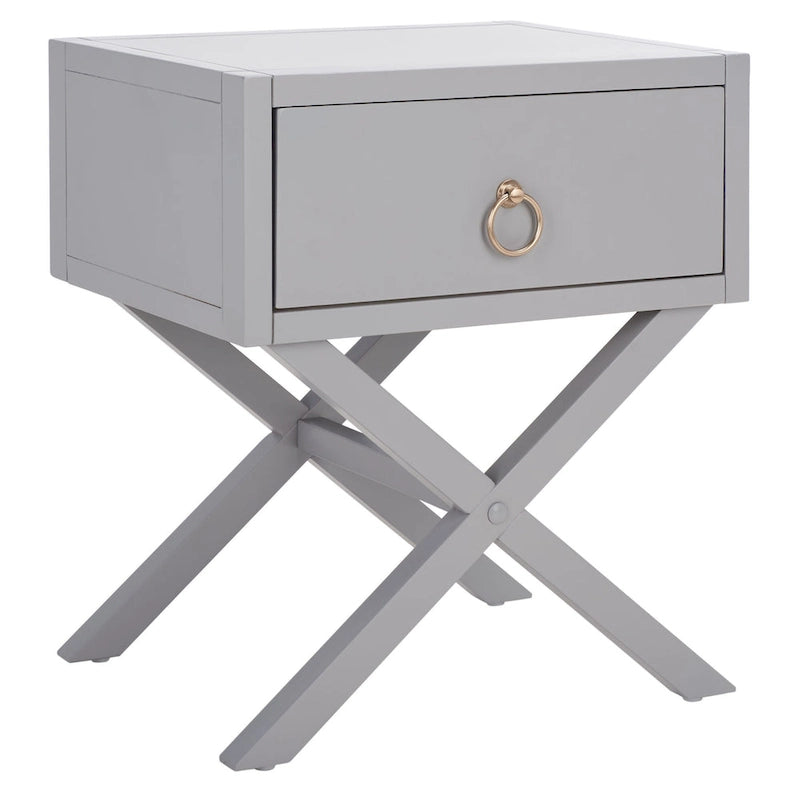 Campaign Style 1-Drawer Nightstand with Cross Base & Gold Pull – Turquoise / Antique White / Navy / Grey
