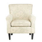 Fauteuil club à accoudoirs roulés, revêtement en coton-lin imprimé et pieds espresso – Espresso / Rayures beiges / Rouge et blanc / Vert / Fleurs beiges / Bleu clair – 1 place