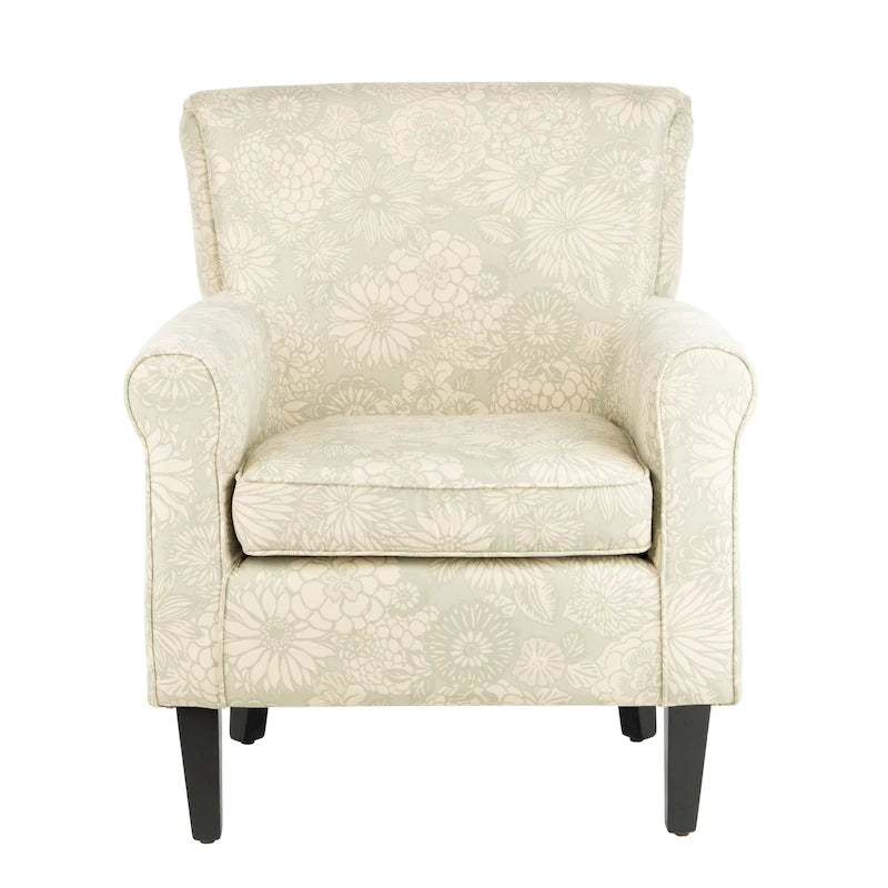 Fauteuil club à accoudoirs roulés, revêtement en coton-lin imprimé et pieds espresso – Espresso / Rayures beiges / Rouge et blanc / Vert / Fleurs beiges / Bleu clair – 1 place