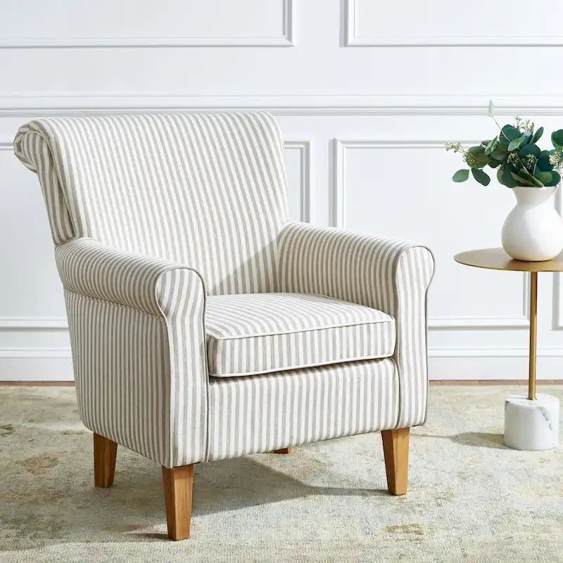 Fauteuil club à accoudoirs roulés, revêtement en coton-lin imprimé et pieds espresso – Espresso / Rayures beiges / Rouge et blanc / Vert / Fleurs beiges / Bleu clair – 1 place
