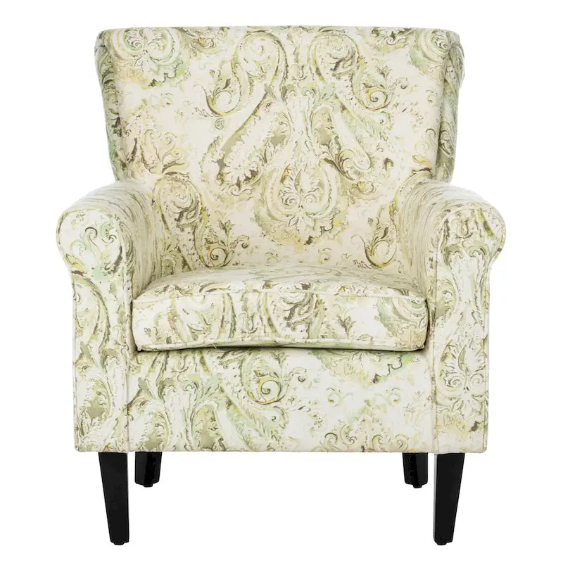 Fauteuil club à accoudoirs roulés, revêtement en coton-lin imprimé et pieds espresso – Espresso / Rayures beiges / Rouge et blanc / Vert / Fleurs beiges / Bleu clair – 1 place