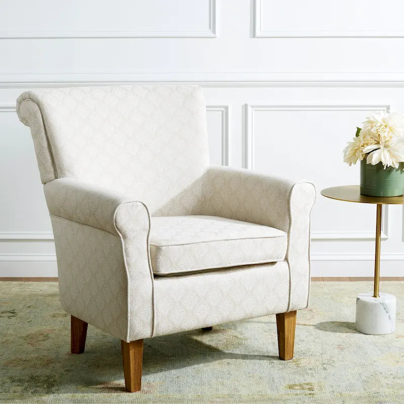 Fauteuil club à accoudoirs roulés, revêtement en coton-lin imprimé et pieds espresso – Espresso / Rayures beiges / Rouge et blanc / Vert / Fleurs beiges / Bleu clair – 1 place