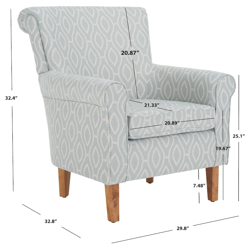 Fauteuil club à accoudoirs roulés, revêtement en coton-lin imprimé et pieds espresso – Espresso / Rayures beiges / Rouge et blanc / Vert / Fleurs beiges / Bleu clair – 1 place