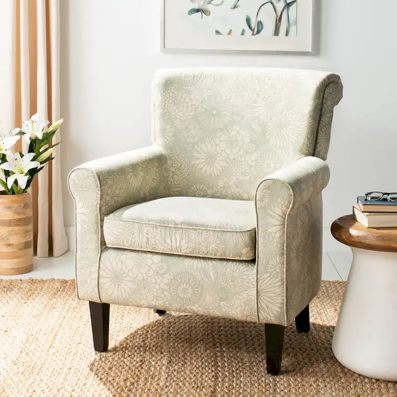 Fauteuil club à accoudoirs roulés, revêtement en coton-lin imprimé et pieds espresso – Espresso / Rayures beiges / Rouge et blanc / Vert / Fleurs beiges / Bleu clair – 1 place