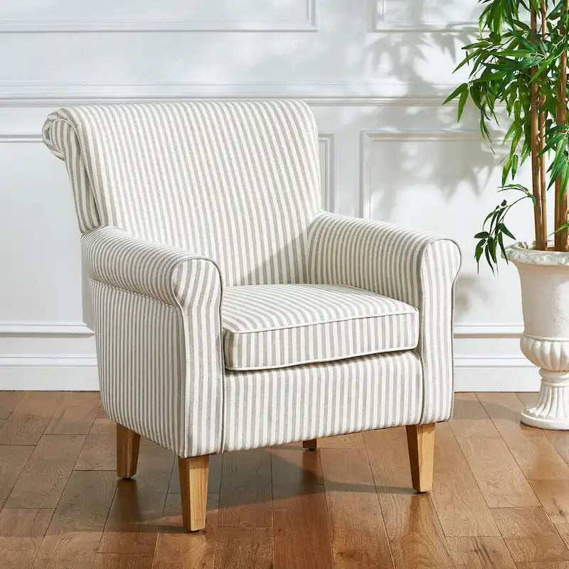 Fauteuil club à accoudoirs roulés, revêtement en coton-lin imprimé et pieds espresso – Espresso / Rayures beiges / Rouge et blanc / Vert / Fleurs beiges / Bleu clair – 1 place
