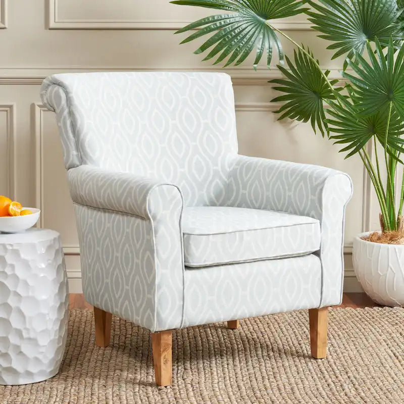 Fauteuil club à accoudoirs roulés, revêtement en coton-lin imprimé et pieds espresso – Espresso / Rayures beiges / Rouge et blanc / Vert / Fleurs beiges / Bleu clair – 1 place