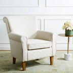 Fauteuil club à accoudoirs roulés, revêtement en coton-lin imprimé et pieds espresso – Espresso / Rayures beiges / Rouge et blanc / Vert / Fleurs beiges / Bleu clair – 1 place