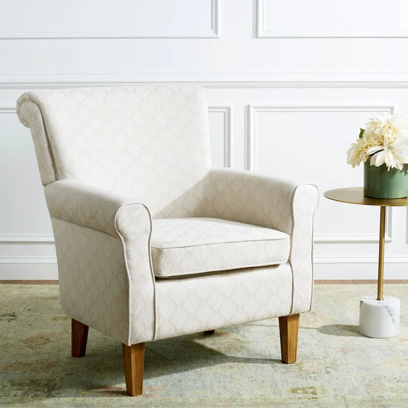 Fauteuil club à accoudoirs roulés, revêtement en coton-lin imprimé et pieds espresso – Espresso / Rayures beiges / Rouge et blanc / Vert / Fleurs beiges / Bleu clair – 1 place