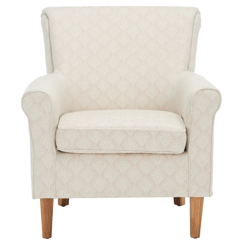Fauteuil club à accoudoirs roulés, revêtement en coton-lin imprimé et pieds espresso – Espresso / Rayures beiges / Rouge et blanc / Vert / Fleurs beiges / Bleu clair – 1 place