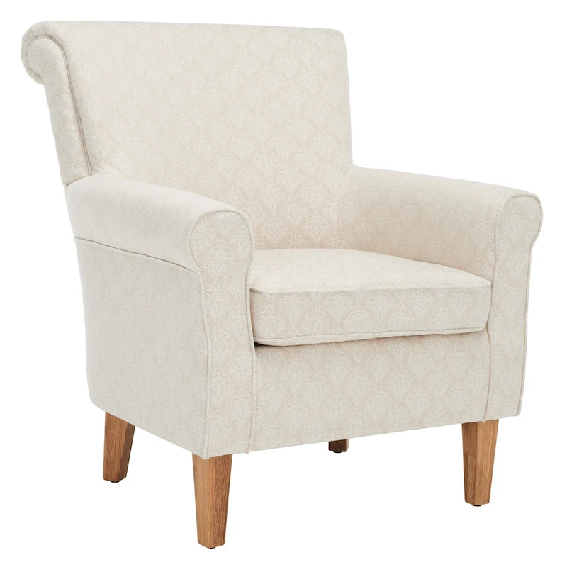 Fauteuil club à accoudoirs roulés, revêtement en coton-lin imprimé et pieds espresso – Espresso / Rayures beiges / Rouge et blanc / Vert / Fleurs beiges / Bleu clair – 1 place