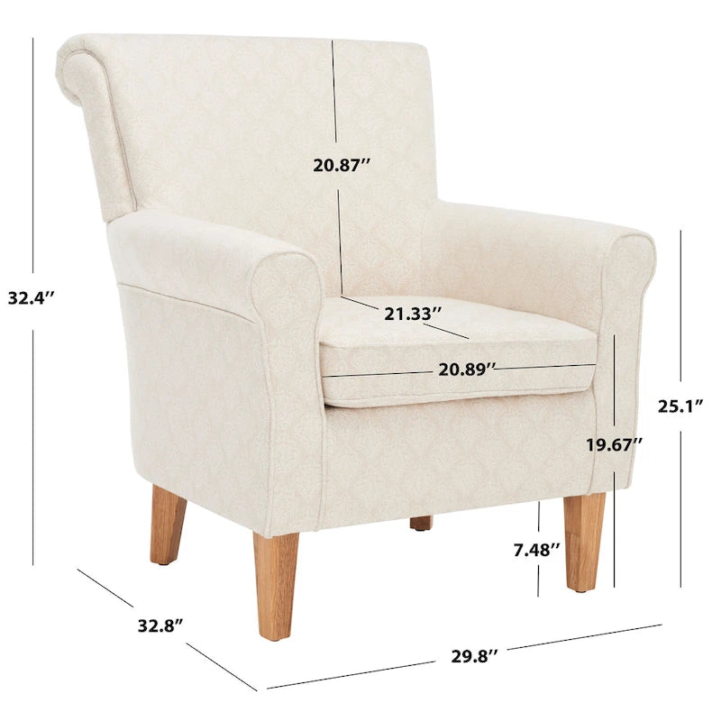 Fauteuil club à accoudoirs roulés, revêtement en coton-lin imprimé et pieds espresso – Espresso / Rayures beiges / Rouge et blanc / Vert / Fleurs beiges / Bleu clair – 1 place
