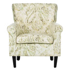 Fauteuil club à accoudoirs roulés, revêtement en coton-lin imprimé et pieds espresso – Espresso / Rayures beiges / Rouge et blanc / Vert / Fleurs beiges / Bleu clair – 1 place